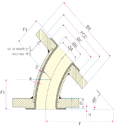 Diagram Lined Elbow 45 degree PFA PTFE - Audco Italiana
