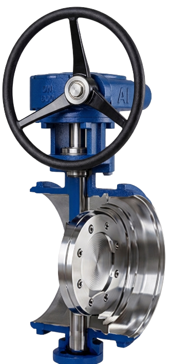 Welded bi-directional triple offset butterfly valve with handwheel gear operator in section view Welded bi-directional triple offset butterfly valve with handwheel gear operator in section view
